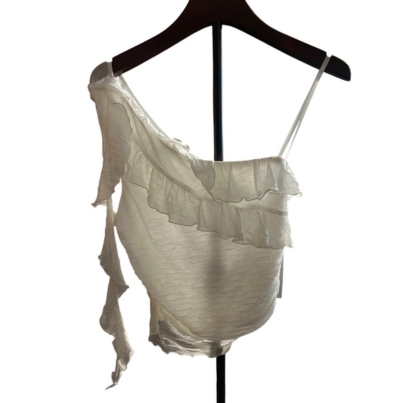 Crystal Sky White One Shoulder Ruffle Ruched Mesh Top Size L - Picture 1 of 4